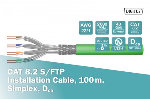 Kabel teleinformatyczny instalacyjny kat.8.2, S/FTP, Dca, AWG 22/1, LSOH, 100m, zielony