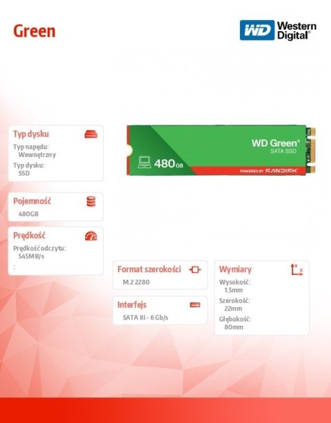 Dysk SSD Green SSD 480GB SATA M.2 2280 WDS480G3G0B