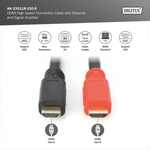 Kabel połączeniowy HDMI HighSpeed z Ethernetem ze wzmacniaczem 4K 30Hz UHD HDMI A/A M/M 15m