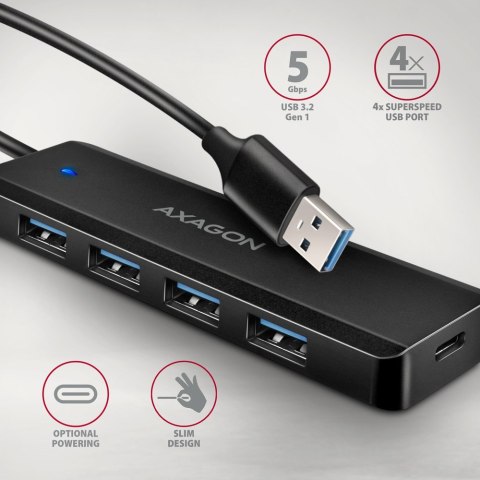 HUB 4-portowy HUE-C1A USB 5Gbps Travel, USB-C power IN, kabel Type-A 19cm, USB-C dodatkowe zasilanie