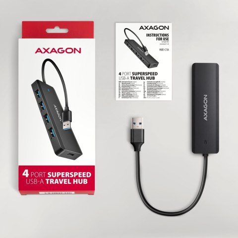 HUB 4-portowy HUE-C1A USB 5Gbps Travel, USB-C power IN, kabel Type-A 19cm, USB-C dodatkowe zasilanie