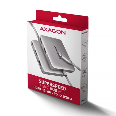 HMC-5HL Wieloportowy hub USB 5in1, 5Gbps, 2x USB-A, HDMI 4K/60Hz, GLAN, PD 100W, 15cm USB-C kabel
