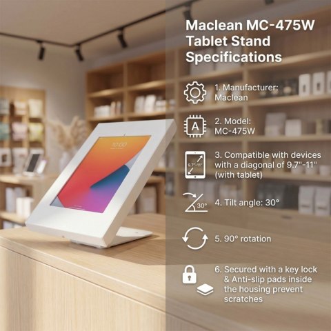 Uchwyt do tabletu ścienny / biurkowy z blokada 9,7-11 cali MC-475W Biały