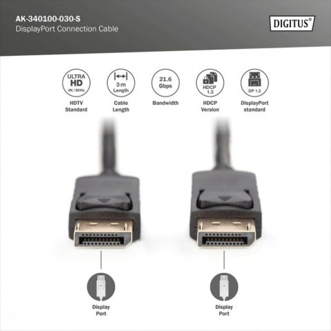 Kabel połączeniowy DisplayPort z zatrzaskami 4K 60Hz UHD Typ DP/DP M/M czarny 3m