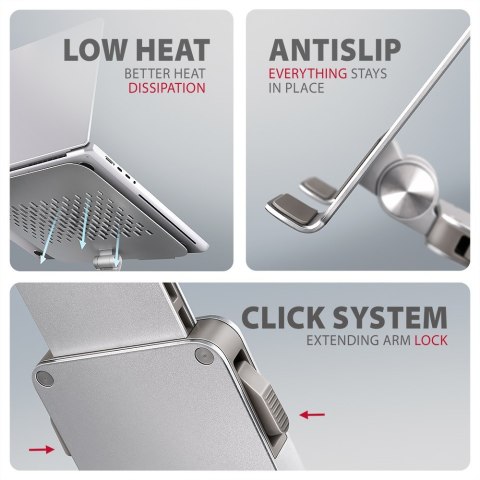 STND-LR Podstawa do laptopów aluminiowa 10-17.3 cala regulowane kąty nachylenia, obrót o 360 stopni, Szara