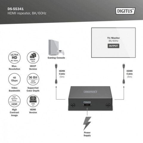 Wzmacniacz sygnału (Repeater) HDMI do 10m 8K/60Hz, do 13m 4K/60Hz HDCP 2.3