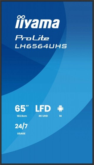 Monitor 65 cali LH6564UHS-B1AG, 24/7,VA,ANDROID14,4K,500cd,5000:1, 2xHDMI ,USB-C,RJ45, RS-232c, IR, 2x10W, 2xUSB, UCHWYT ŚCIE