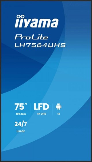 Monitor 75 cali LH7564UHS-B1AG, 24/7,VA,ANDROID14,4K,500cd,5000:1, 2xHDMI ,USB-C,RJ45, RS-232c, IR, 2x10W, 2xUSB, UCHWYT ŚCIE
