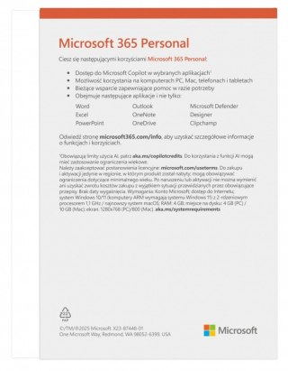M365 Personal PL 1Y 1U 5D Win/Mac Box EP2-32454 Zastępuje P/N: QQ2-01752