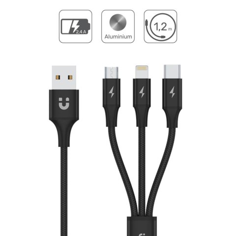 Kabel USB-A 3w1 USB-C/microUSB/ Lightning czarny C14049BK